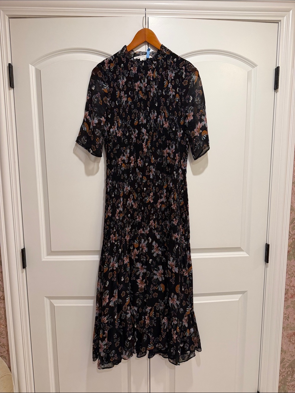Veronica Beard Black Floral Midi Dress with Pink and Brown Accents